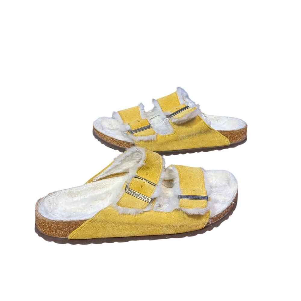 Birkenstock Yellow Suede Shearling Two-Strap Slide Sandals